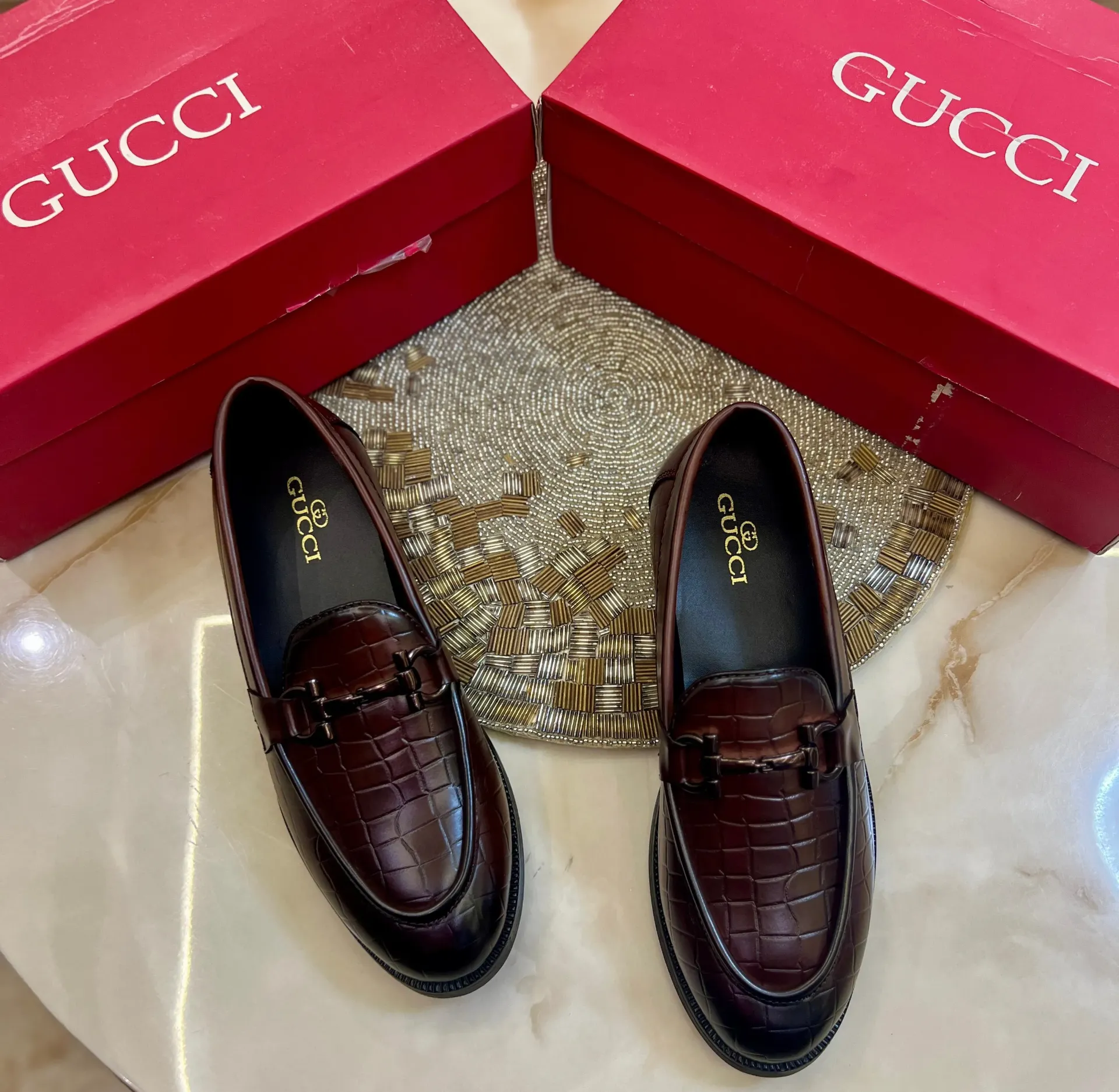 Gucci Loafers With Croc Texture (Brown, 6 uk)