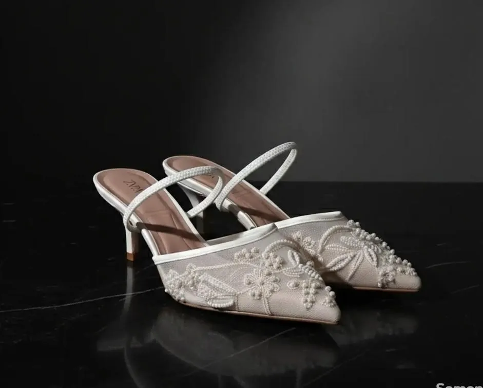 ZARA EMBROIDERY SLINGBACK HEELS WITH FLORAL EMBROIDERY AND PEARL EMBELLISHMENTS - BLACK AND WHITE (36, White)